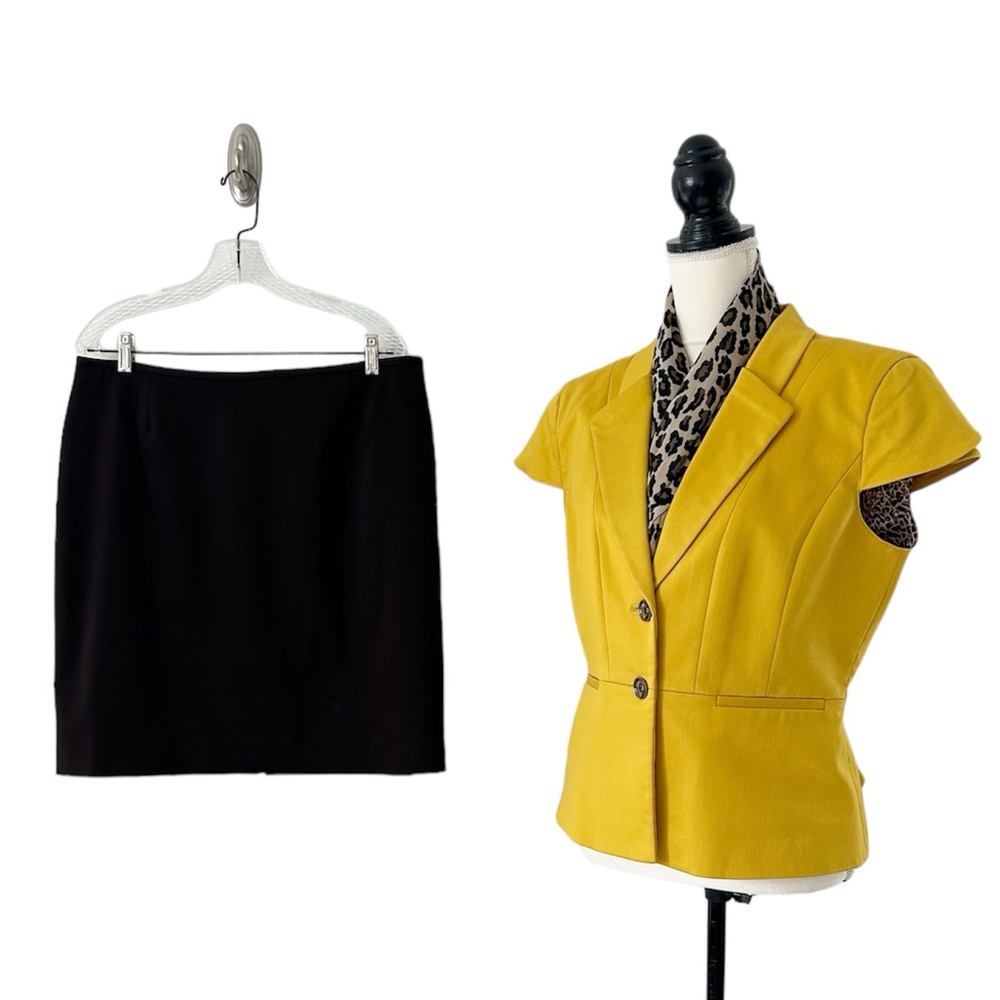 Tahari ASL Women’s Two Piece Gold and Dark Brown Cap Sleeve Skirt Suit Size 14P